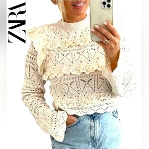 Zara Cream Lace Ruffle top Sz M
